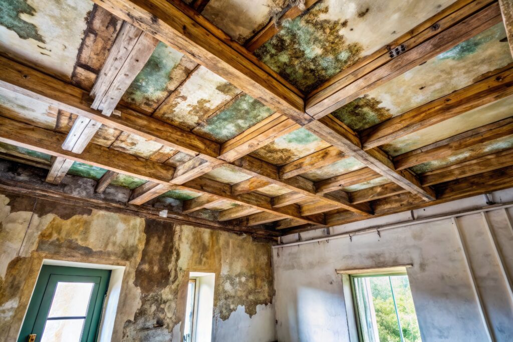 Water-stained ceiling with severe mold growth, peeling paint, and warped wooden beams, depicting extensive damage and neglect in a neglected, humid environment.