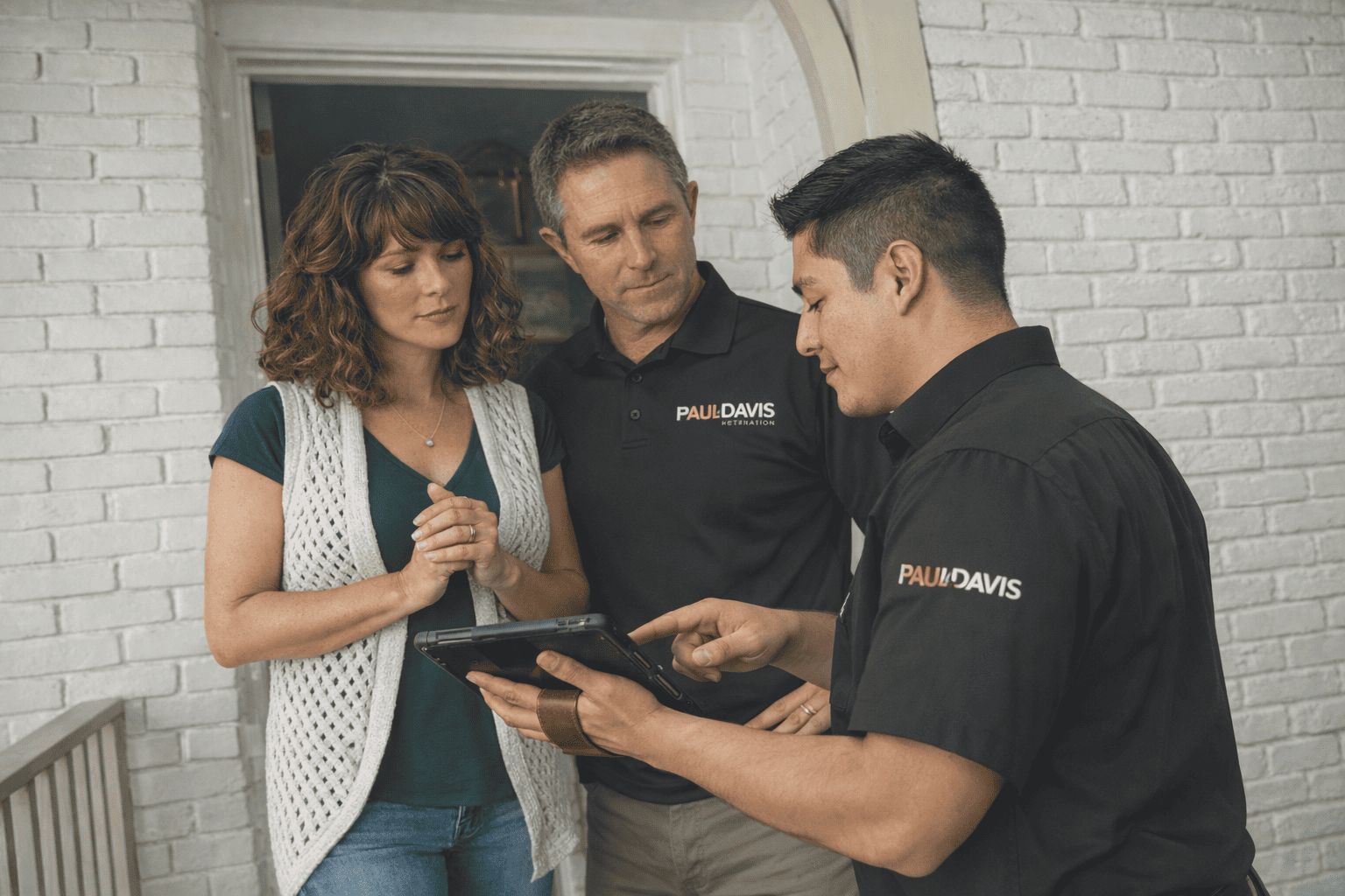 Paul Davis Restoration technician reviewing damage assessment with homeowner using tablet during residential property inspection in Northeast Texas