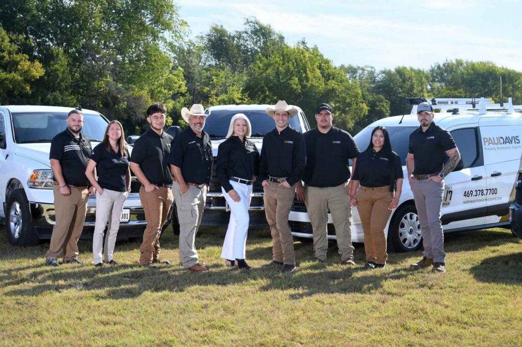 Paul Davis Restoration of Northeast Texas team standing in front of service trucks ready for 24/7 emergency water, fire, and mold restoration services